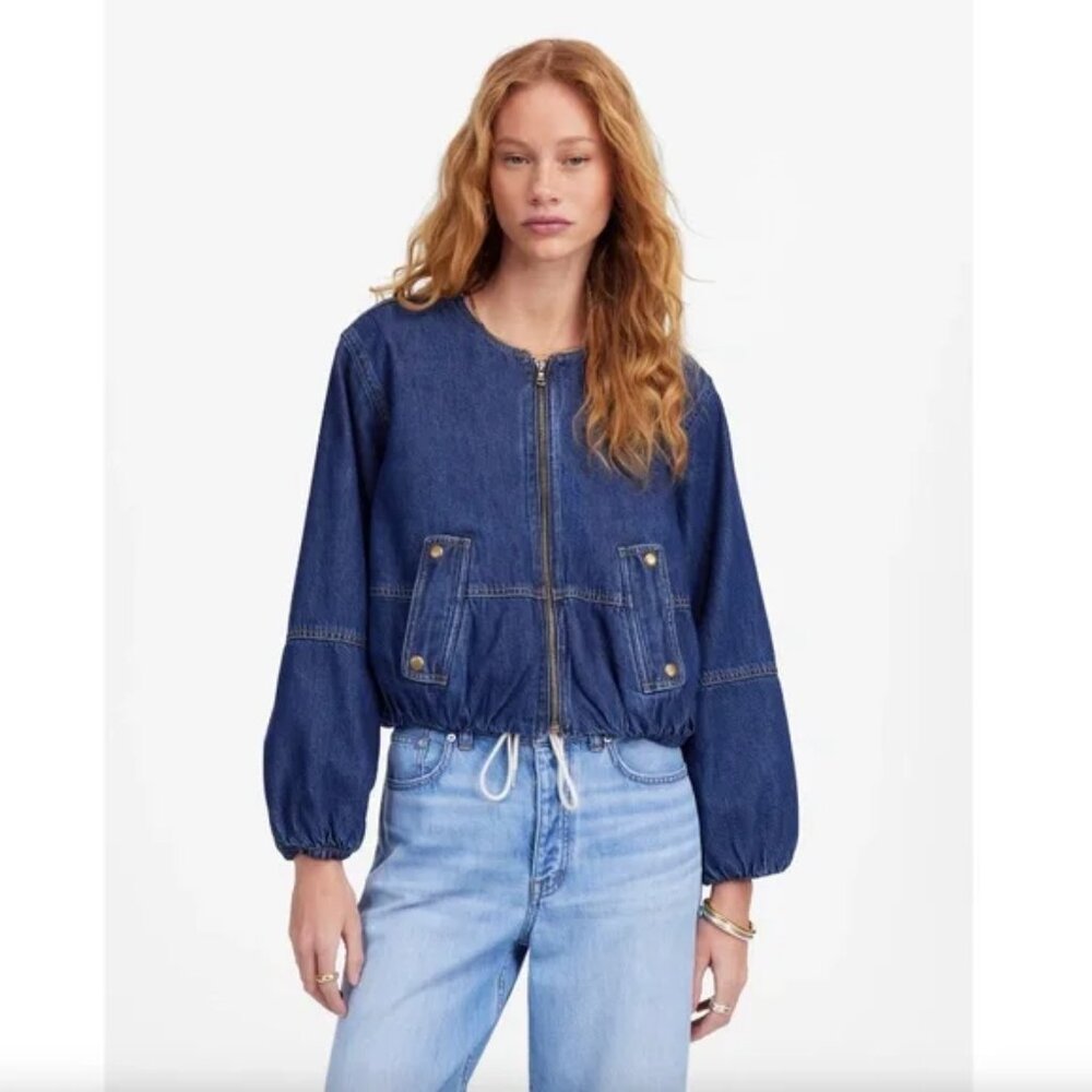 Madewell Blue Bubble-Sleeve Jean Bomber Jacket in Airy Denim Edition L NWT